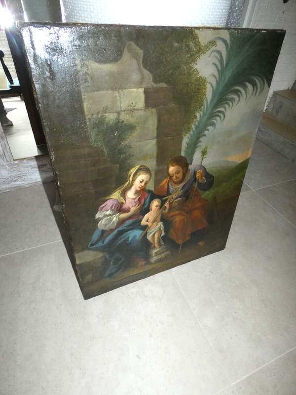 Antique 1800s Oil canvas Holy family painting mary joseph jesus rare religious