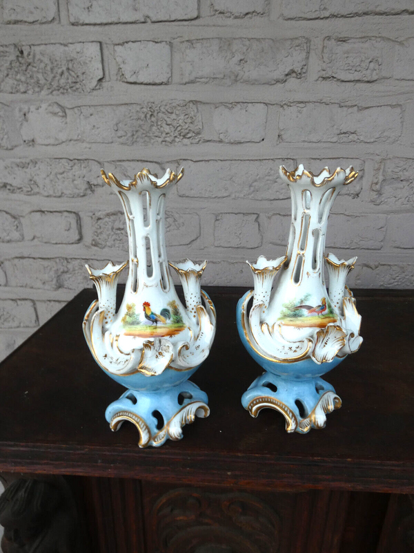 Antique pair vieux paris porcelain vases hand paint rooster peacock rare