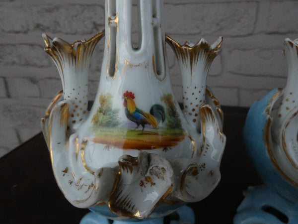 Antique pair vieux paris porcelain vases hand paint rooster peacock rare