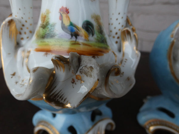 Antique pair vieux paris porcelain vases hand paint rooster peacock rare