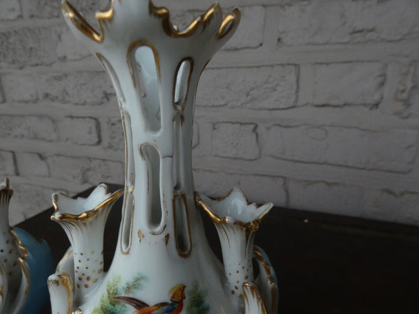 Antique pair vieux paris porcelain vases hand paint rooster peacock rare