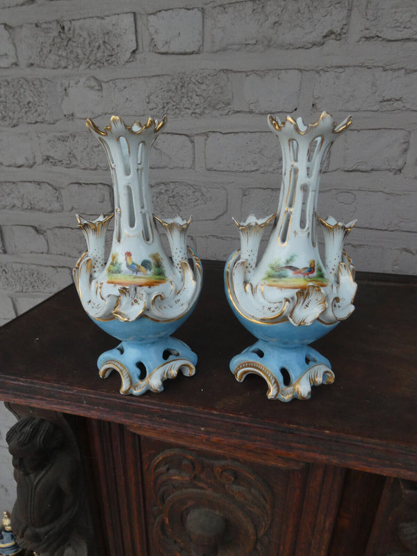 Antique pair vieux paris porcelain vases hand paint rooster peacock rare