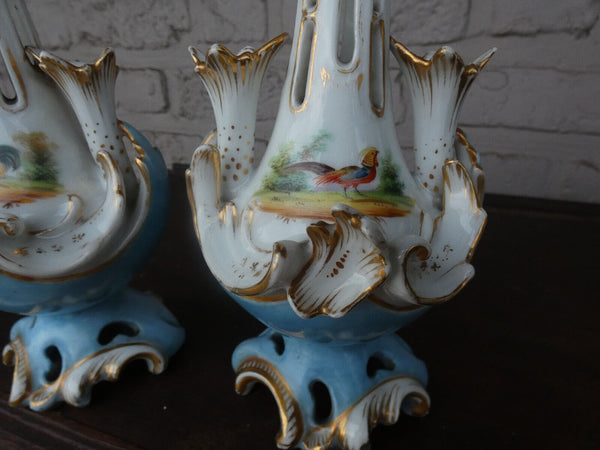 Antique pair vieux paris porcelain vases hand paint rooster peacock rare