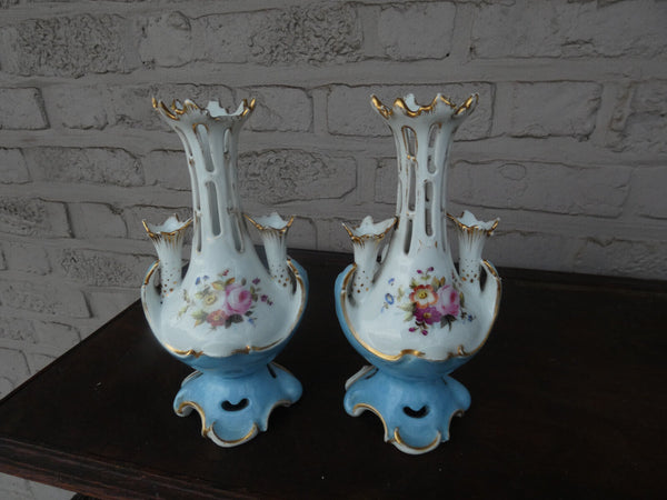 Antique pair vieux paris porcelain vases hand paint rooster peacock rare