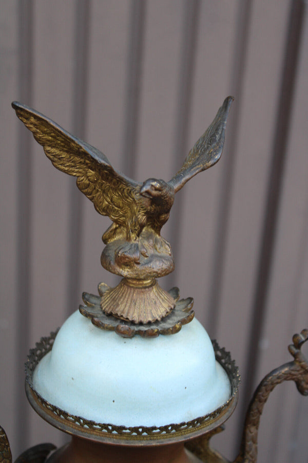 Antique 1900 Brass faience romantic decors Dragons phoenix bird Eagle clock Rare