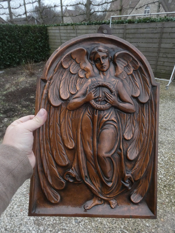 Vintage 1960 Bronze angel relief religious wall plaque panel