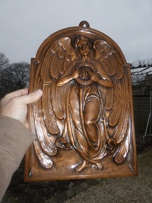 Vintage 1960 Bronze angel relief religious wall plaque panel