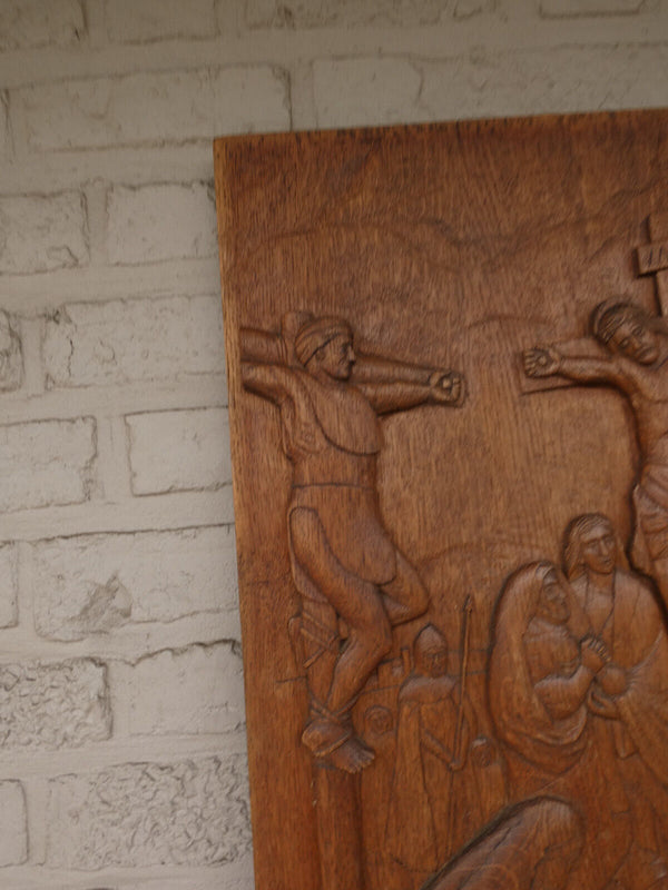 Antique XL wood carved plaque crucifixion chist religious