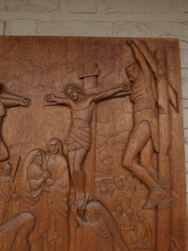 Antique XL wood carved plaque crucifixion chist religious