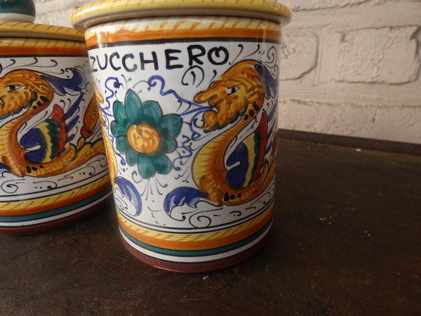 Vintage italian DERUTA pottery hand paint Coffee sugar jar kitchen dragons