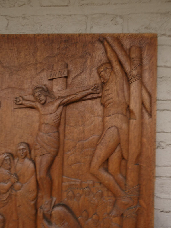 Antique XL wood carved plaque crucifixion chist religious