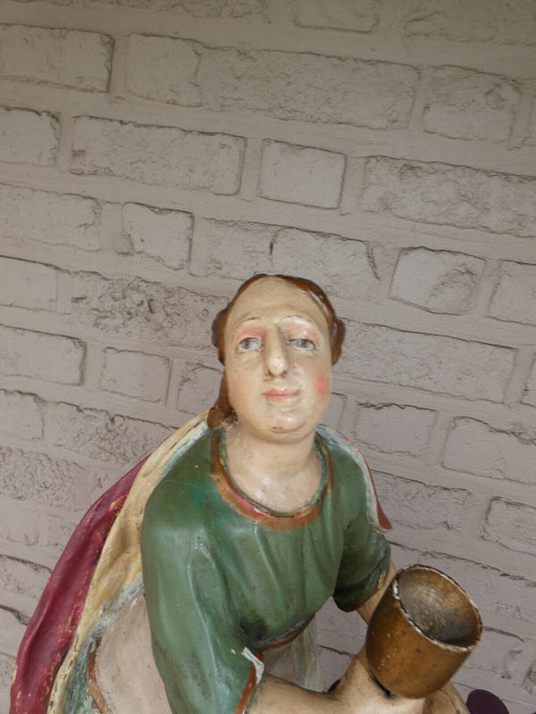 Antique 19thc Wood carved polychrome Saint Barbara Statue rare religious top