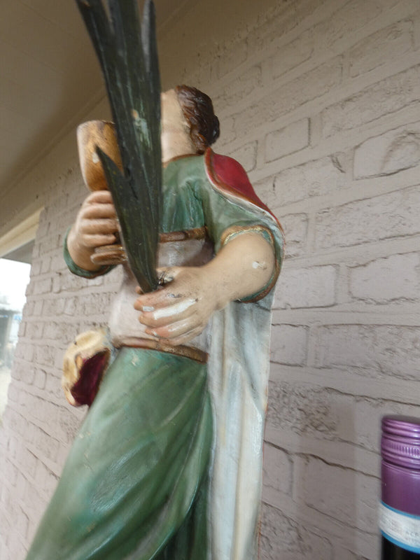 Antique 19thc Wood carved polychrome Saint Barbara Statue rare religious top