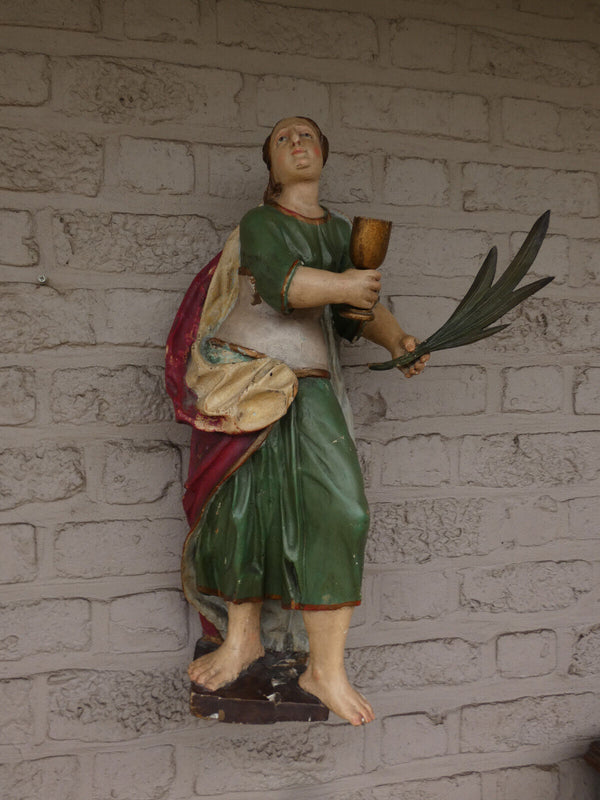 Antique 19thc Wood carved polychrome Saint Barbara Statue rare religious top