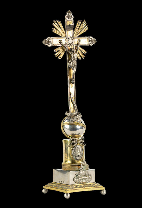 Antique belgian 1850 Silver & brass altar crucifix marked rare lamb snake mary