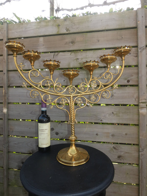 Antique french neo Gothique brass XL church candelabra candle holder 7 arms