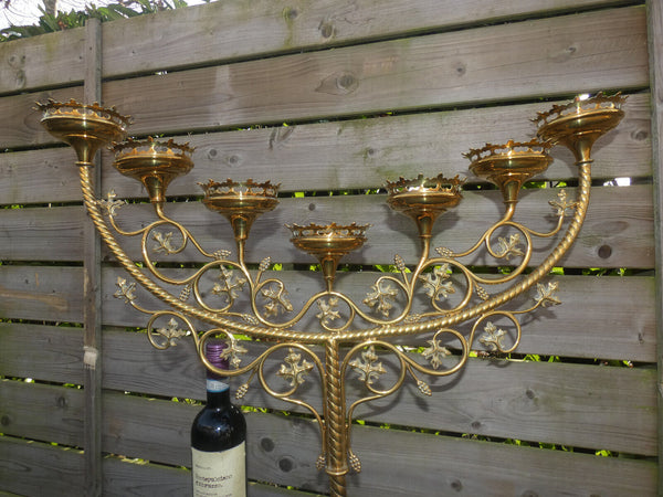 Antique french neo Gothique brass XL church candelabra candle holder 7 arms