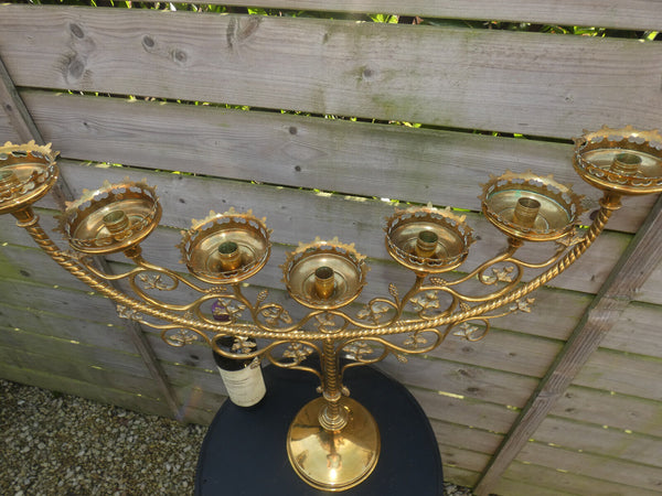 Antique french neo Gothique brass XL church candelabra candle holder 7 arms