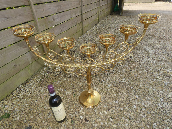 Antique french neo Gothique brass XL church candelabra candle holder 7 arms