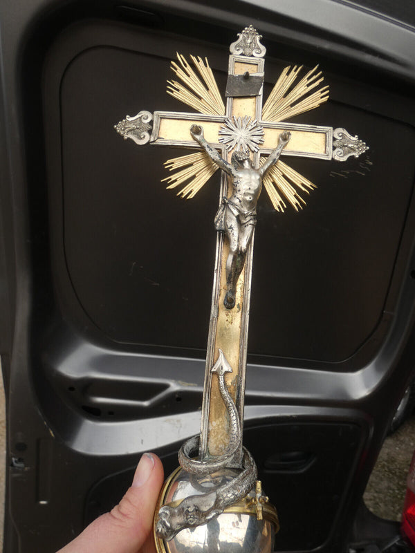 Antique belgian 1850 Silver & brass altar crucifix marked rare lamb snake mary