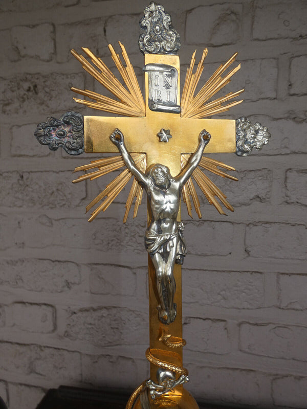 Antique belgian 1850 Silver & brass altar crucifix marked rare  religious