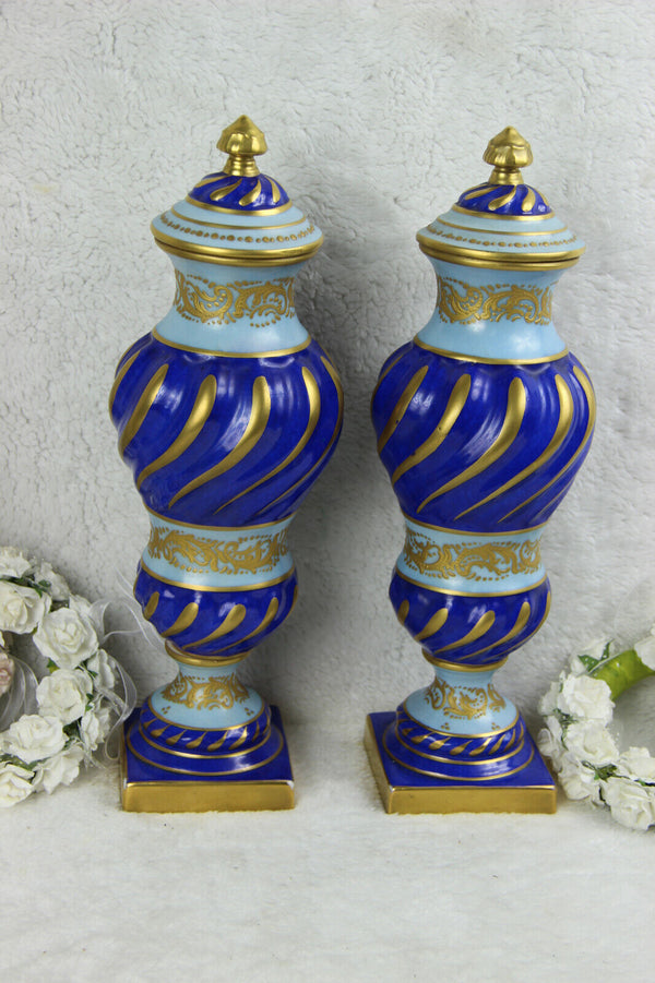 PAIR French antique barley twist Blue Vases in sevres porcelain marked