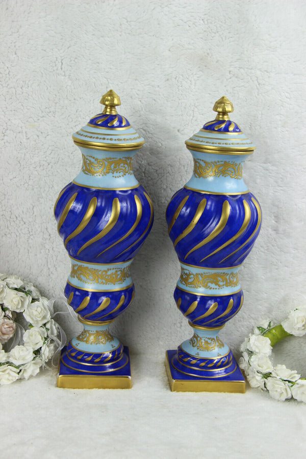 PAIR French antique barley twist Blue Vases in sevres porcelain marked