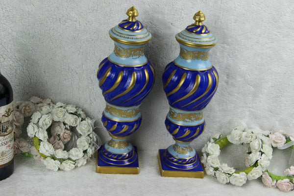 PAIR French antique barley twist Blue Vases in sevres porcelain marked