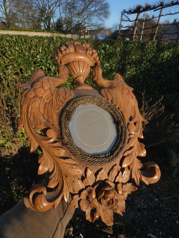 Antique French wall frame wood carved birds basket fruit plaque