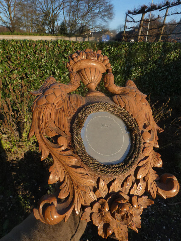 Antique French wall frame wood carved birds basket fruit plaque