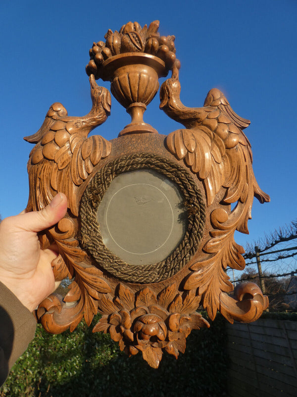 Antique French wall frame wood carved birds basket fruit plaque