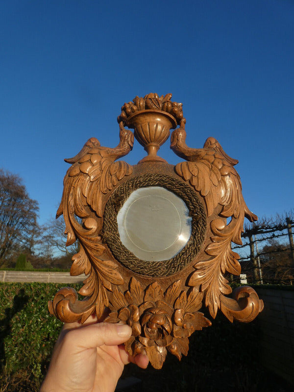 Antique French wall frame wood carved birds basket fruit plaque