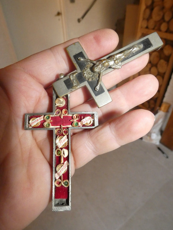 Antique italian Crucifix cross pendant  catholic multi 4 Relics saint holder