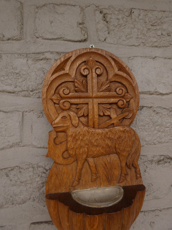 Antique french wood carved holy water font agnus dei lamb