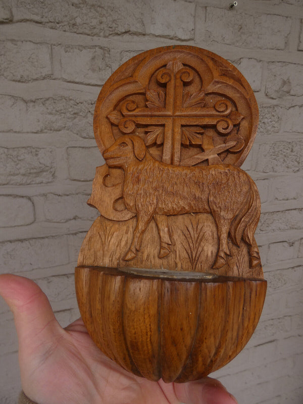 Antique french wood carved holy water font agnus dei lamb