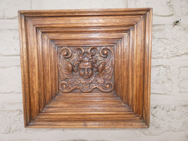 pair antique 19thc wood carved putti cherub head portrait plaque wall