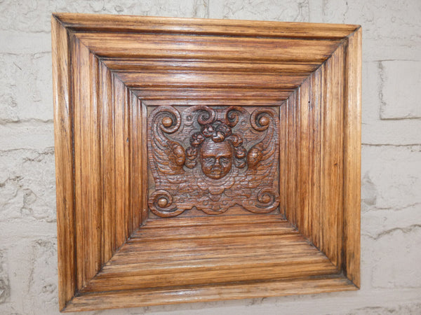 pair antique 19thc wood carved putti cherub head portrait plaque wall