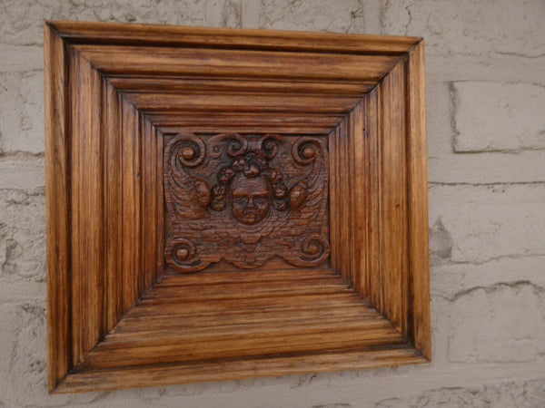 pair antique 19thc wood carved putti cherub head portrait plaque wall