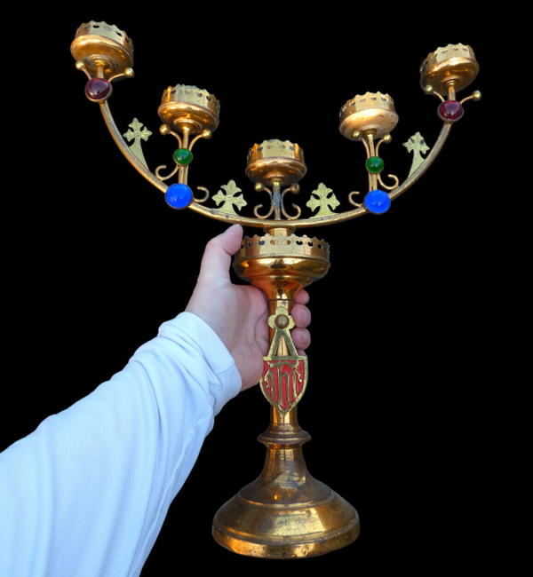 Antique brass church candelabra candle holder colour stones religious