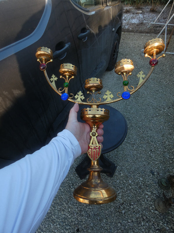 Antique brass church candelabra candle holder colour stones religious