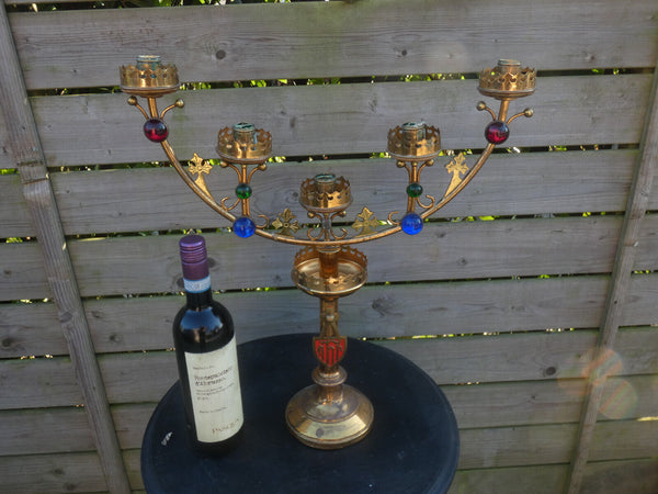 Antique brass church candelabra candle holder colour stones religious