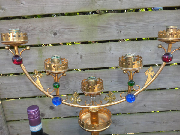 Antique brass church candelabra candle holder colour stones religious