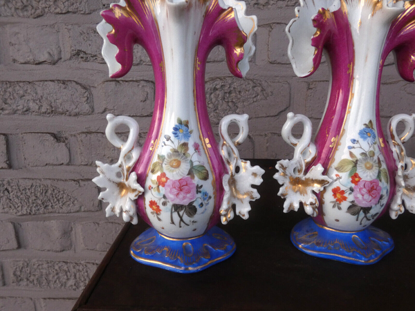 PAIR antique french small vieux paris porcelain floral decor vases