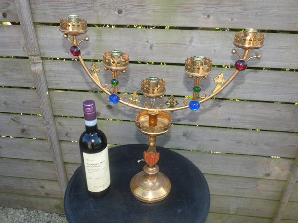 Antique brass church candelabra candle holder colour stones religious