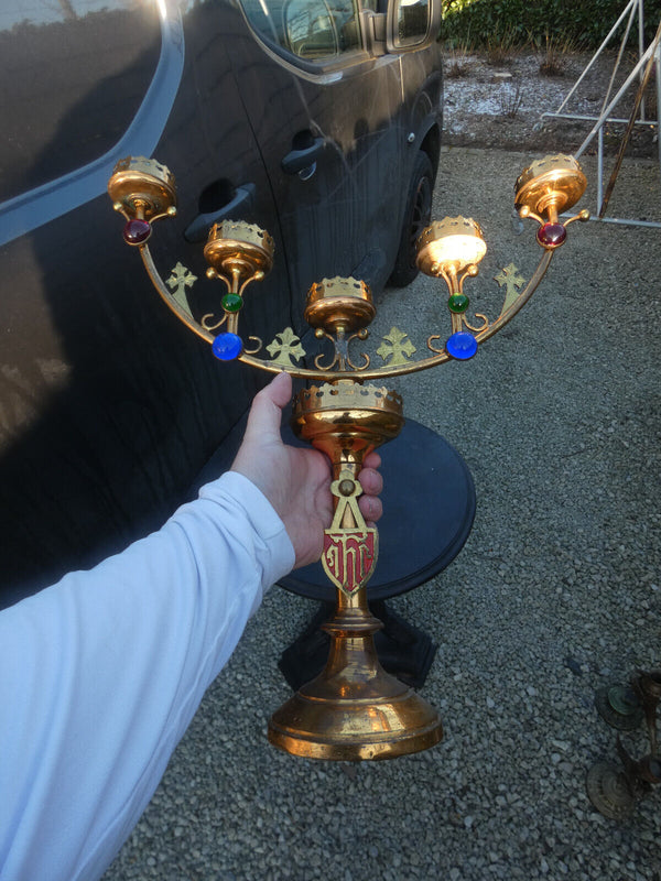 Antique brass church candelabra candle holder colour stones religious