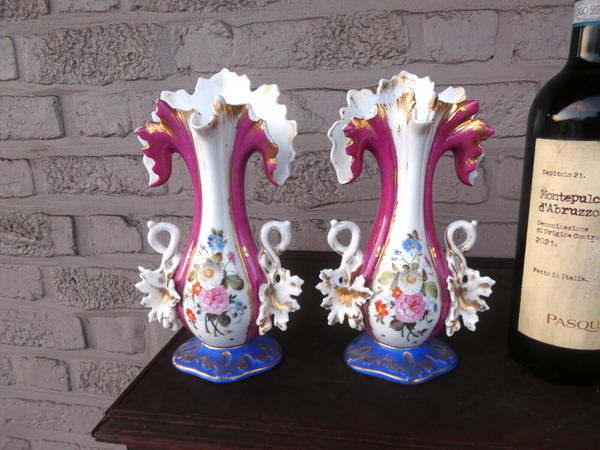 PAIR antique french small vieux paris porcelain floral decor vases