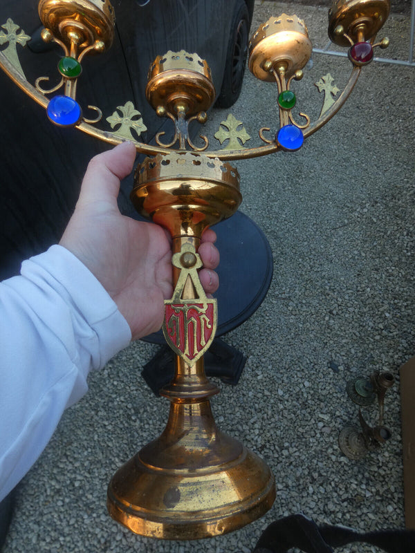 Antique brass church candelabra candle holder colour stones religious