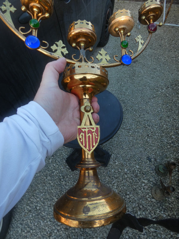 Antique brass church candelabra candle holder colour stones religious