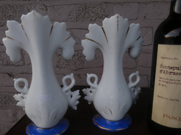 PAIR antique french small vieux paris porcelain floral decor vases