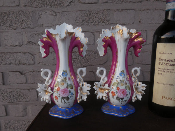 PAIR antique french small vieux paris porcelain floral decor vases